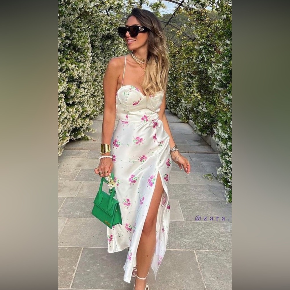 Zara White Satin Floral Midi Dress with Pink Roses